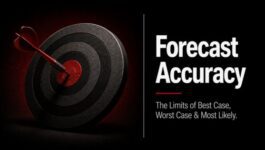 Black target with a red bullseye and dart beside the headline “Forecast Accuracy,” representing the limits of best case, worst case, and most likely sales forecasting.