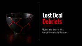 Black kintsugi bowl repaired with red seams beside “Lost Deal Debriefs,” illustrating how sales teams turn lost deals into shared lessons.