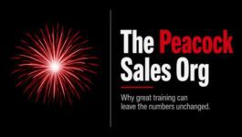 Single red firework burst beside “The Peacock Sales Org,” representing impressive training programs that leave business results unchanged.