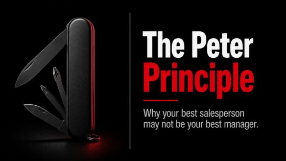 Black multi-tool beside the headline “The Peter Principle,” representing why top sales reps do not always become successful sales managers.