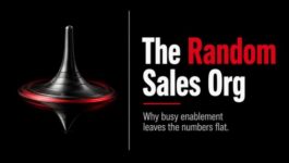 Black spinning top with red motion blur beside “The Random Sales Org,” representing busy enablement activity that produces no cumulative business progress.