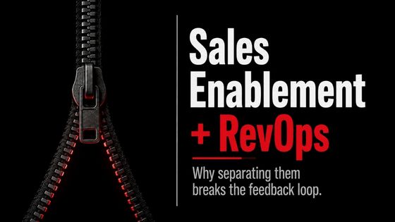 Open black zipper beside the words ‘Sales Enablement + RevOps,’ illustrating how separating sales enablement and revenue operations breaks the feedback loop.