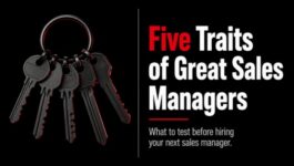 Five black keys on a ring beside “Five Traits of Great Sales Managers,” representing five observable traits to test when hiring a sales manager.