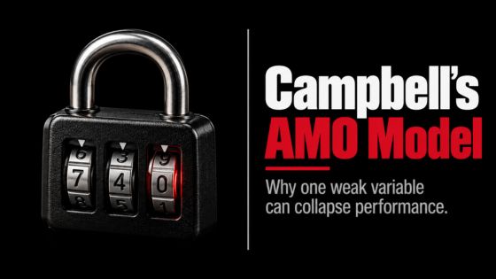 Three-dial combination lock with one zero variable beside “Campbell’s AMO Model,” illustrating how weak ability, motivation, or opportunity can collapse sales performance.