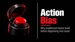 Red push button beside the headline “Action Bias,” representing why sales enablement teams build programs before diagnosing the root cause.