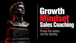 Growth mindset sales coaching graphic showing a pedestal bust representing identity praise versus process-based coaching
