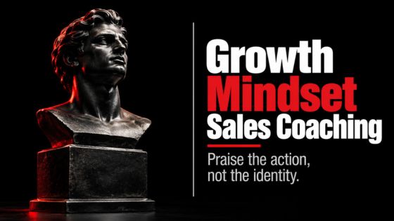 Growth mindset sales coaching graphic showing a pedestal bust representing identity praise versus process-based coaching