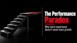 Industrial staircase rising into a flat plateau beside “The Performance Paradox,” illustrating why experienced sales reps plateau despite gaining more experience.