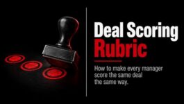 Deal scoring rubric thumbnail featuring a rubber stamp making identical impressions, representing consistent red, yellow, and green deal scoring across managers.
