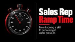 Mechanical stopwatch beside “Sales Rep Ramp Time,” representing the time required to move from knowing a sales skill to performing it consistently under pressure.
