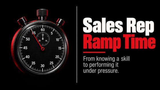 Mechanical stopwatch beside “Sales Rep Ramp Time,” representing the time required to move from knowing a sales skill to performing it consistently under pressure.