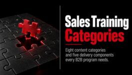 Sales training content categories thumbnail featuring a red puzzle piece completing a black puzzle, representing the content and delivery components of a complete B2B sales training program.