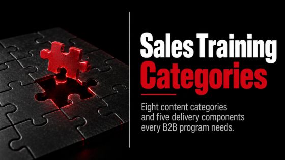Sales training content categories thumbnail featuring a red puzzle piece completing a black puzzle, representing the content and delivery components of a complete B2B sales training program.