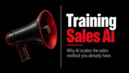 Black megaphone beside the headline “Training Sales AI,” representing how AI amplifies the sales methodology an organization already uses.