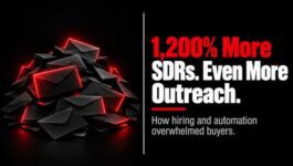 A massive pile of black envelopes with red highlights illustrating how a 1,200% increase in SDR headcount and sales automation multiplied B2B cold outreach volume, overwhelming buyers.