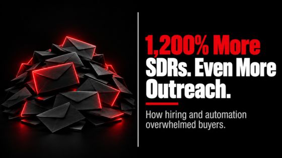 A massive pile of black envelopes with red highlights illustrating how a 1,200% increase in SDR headcount and sales automation multiplied B2B cold outreach volume, overwhelming buyers.