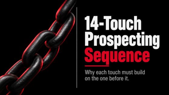 Black chain links beside the title “14-Touch Prospecting Sequence,” illustrating a three-week B2B sales outreach cadence across phone, email, and LinkedIn.
