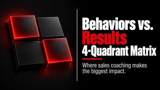 Four-quadrant sales coaching matrix with two raised, red-highlighted squares illustrating how sales managers evaluate rep behaviors versus results to identify coaching opportunities.
