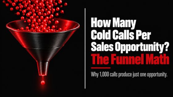 Black sales funnel with hundreds of red spheres entering and one emerging, illustrating how 1,000 cold calls convert into one sales opportunity through four conversion stages.