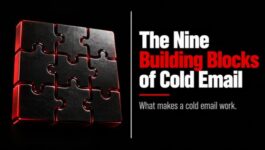 Nine interlocking black puzzle pieces with red accents illustrating the nine essential components of a high-performing B2B cold email.