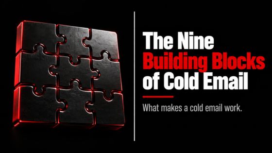 Nine interlocking black puzzle pieces with red accents illustrating the nine essential components of a high-performing B2B cold email.