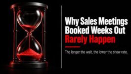 Black hourglass with red sand illustrating how sales meeting show rates decline when prospects are booked weeks in advance.