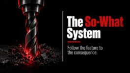 Drill graphic illustrating the So-What System for tracing product features to concrete buyer consequences in sales outreach