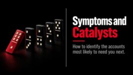 Red domino beginning to tip toward four upright black dominoes beside “Symptoms and Catalysts,” representing early signals that identify B2B accounts likely to need a solution.
