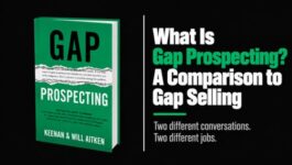Gap Prospecting book cover alongside a comparison of Gap Prospecting and Gap Selling, highlighting the difference between creating buyer curiosity and conducting sales discovery.